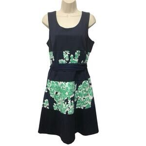 NWT Covington Navy Green Floral Colorblock Sleeveless Fit & Flare Dress Size L